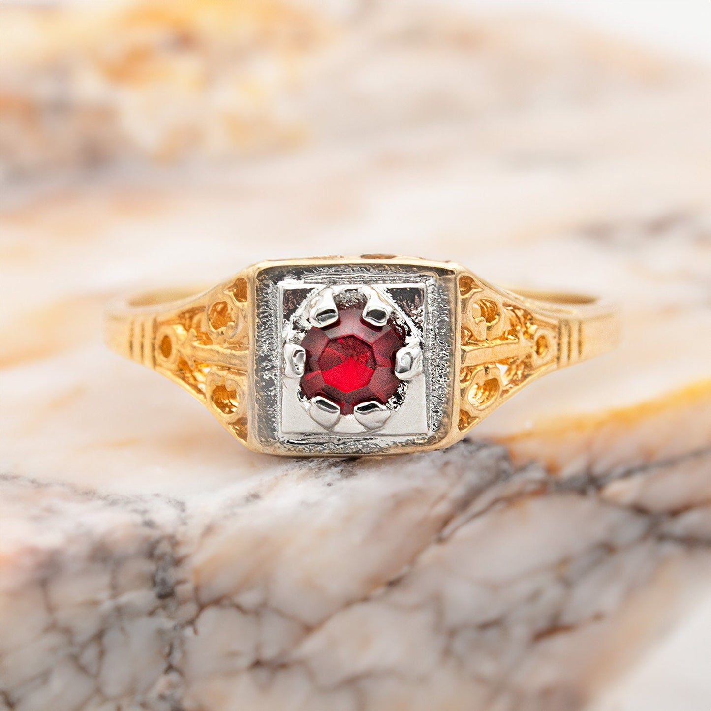 Vintage Garnet or Ruby Austrian Crystal Ring - 18k Gold Electroplated Filigree Setting R1258 jewelry image 1