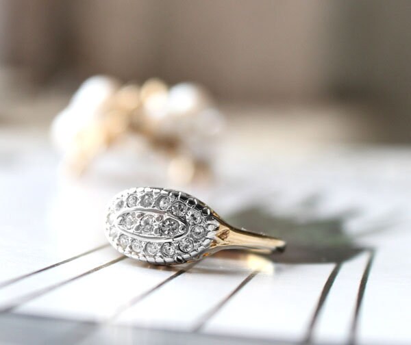Vintage Princess Ring Made in USA Handcrafted 18kt Yellow Gold Electroplated Band Austrian Crystals