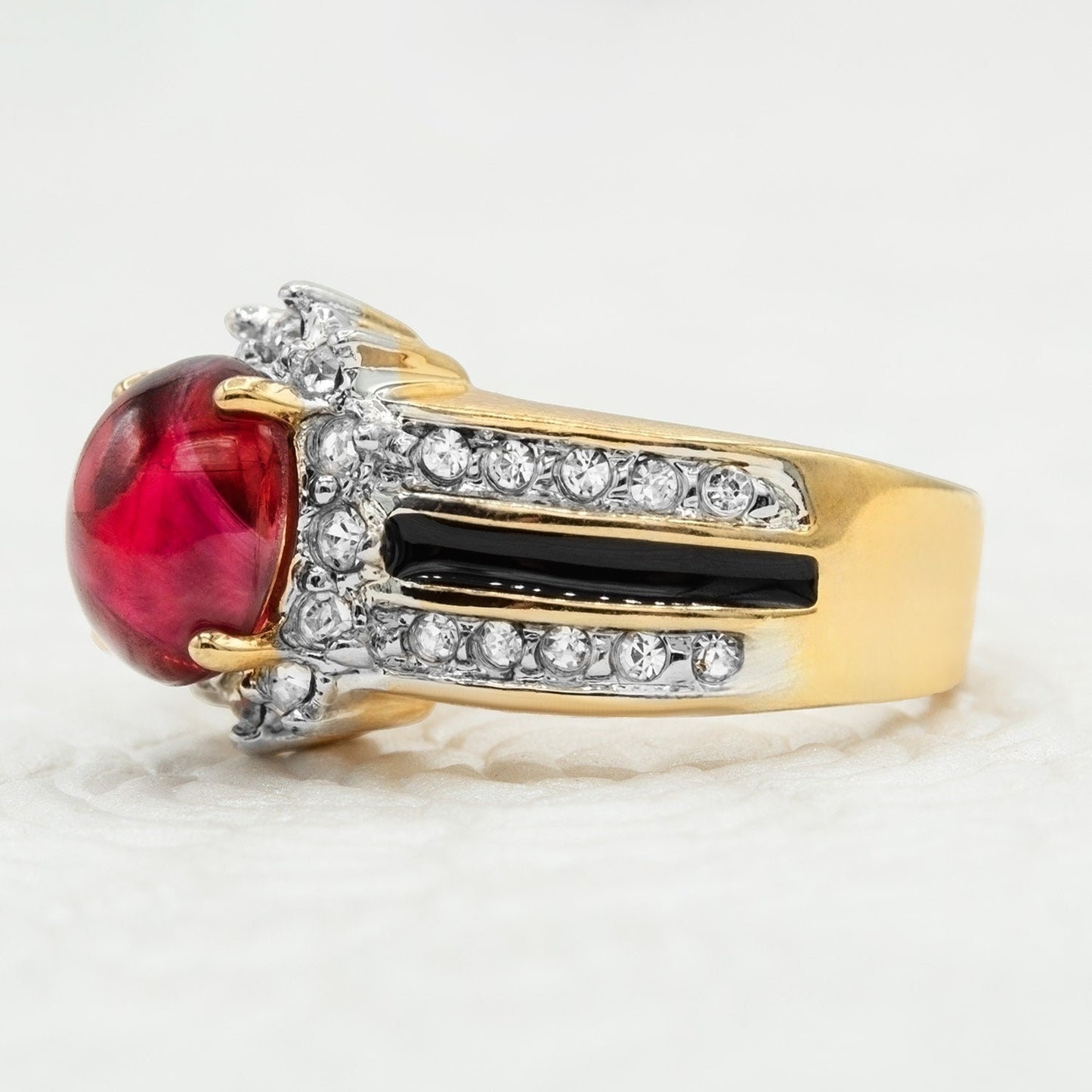 Vintage Ring 1980s Ruby Cabochon Crystal Stone Surrounded by Clear Crystals and Black Enamel Womens Antique Ring