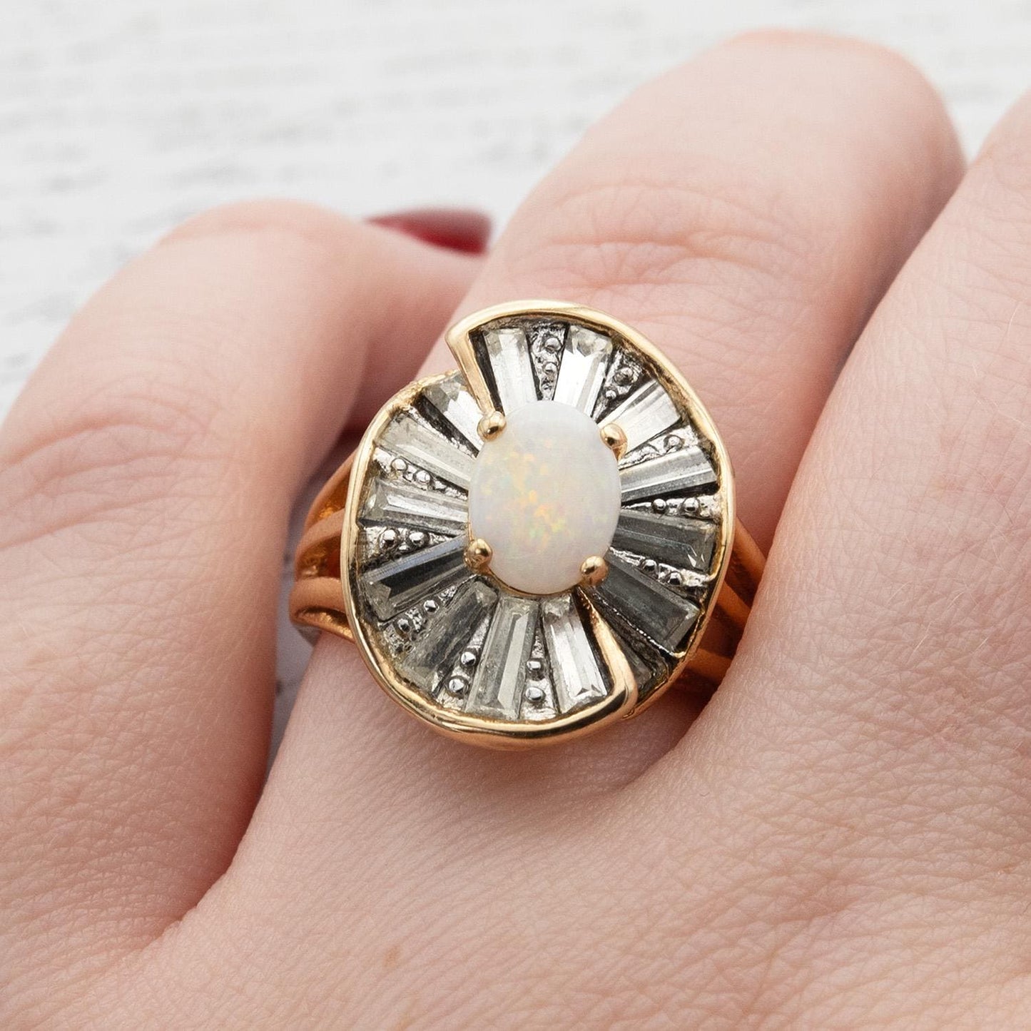 Vintage Ring Women's Genuine Opal Cocktail Ring with Baguette Clear Crystal Accents Made in the USA Gold Ring Statement Mothers Gift