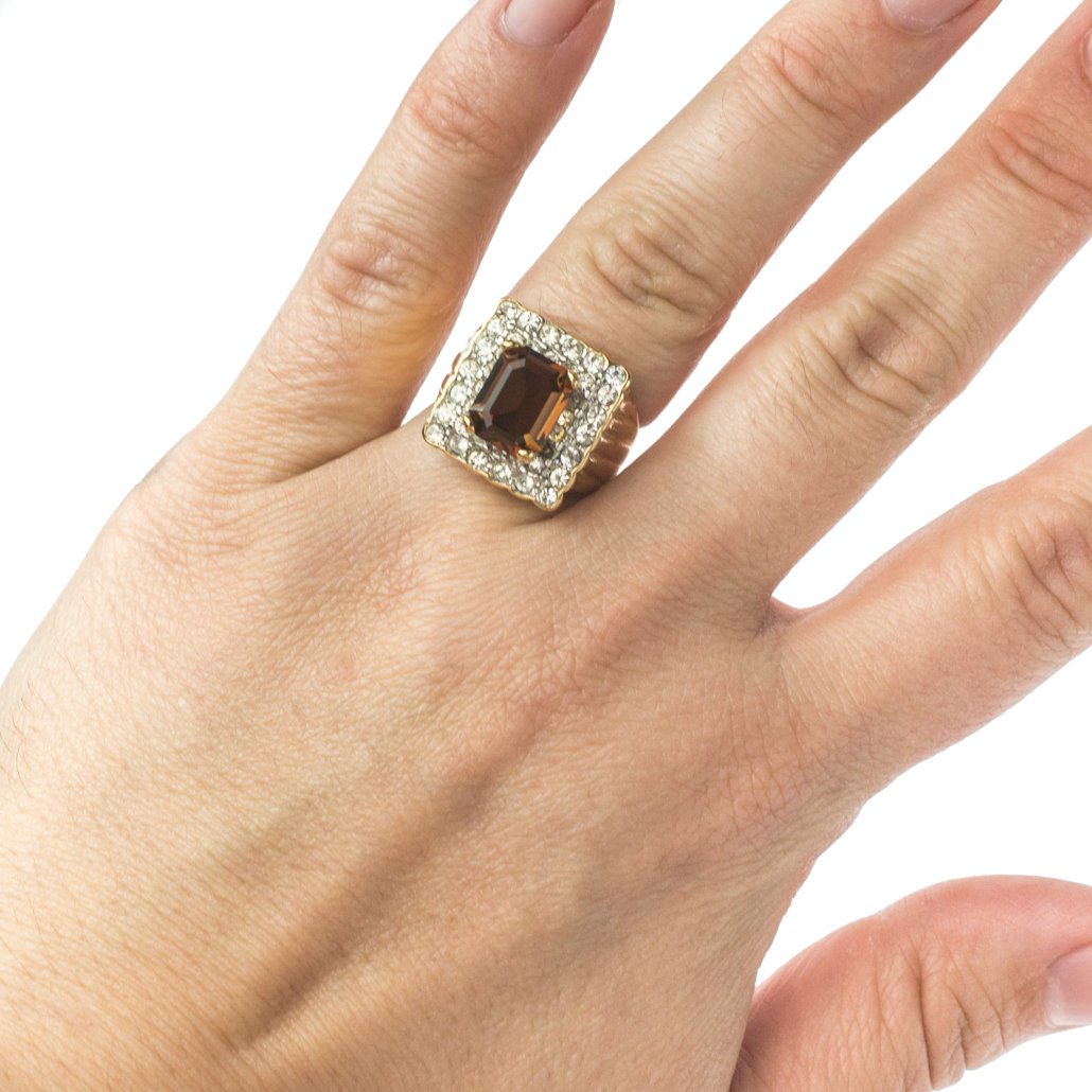 Vintage Smokey Topaz and Clear Austrian Crystal Cocktail Ring 18k Yellow Gold Electroplated