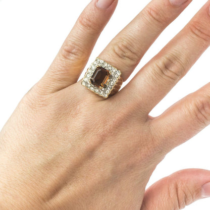 Vintage Smokey Topaz and Clear Austrian Crystal Cocktail Ring 18k Yellow Gold Electroplated