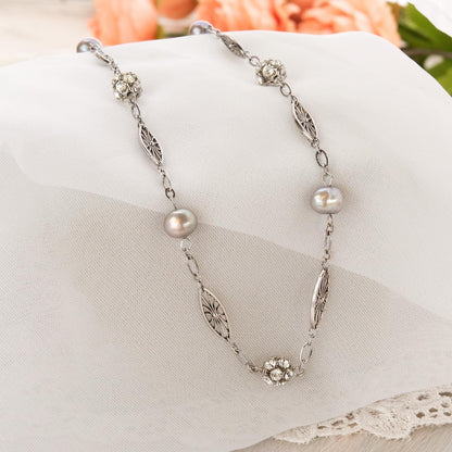 Women's Vintage Oscar De La Renta Freshwater Pearl Necklace White Gold Plated Dangle Jewelry