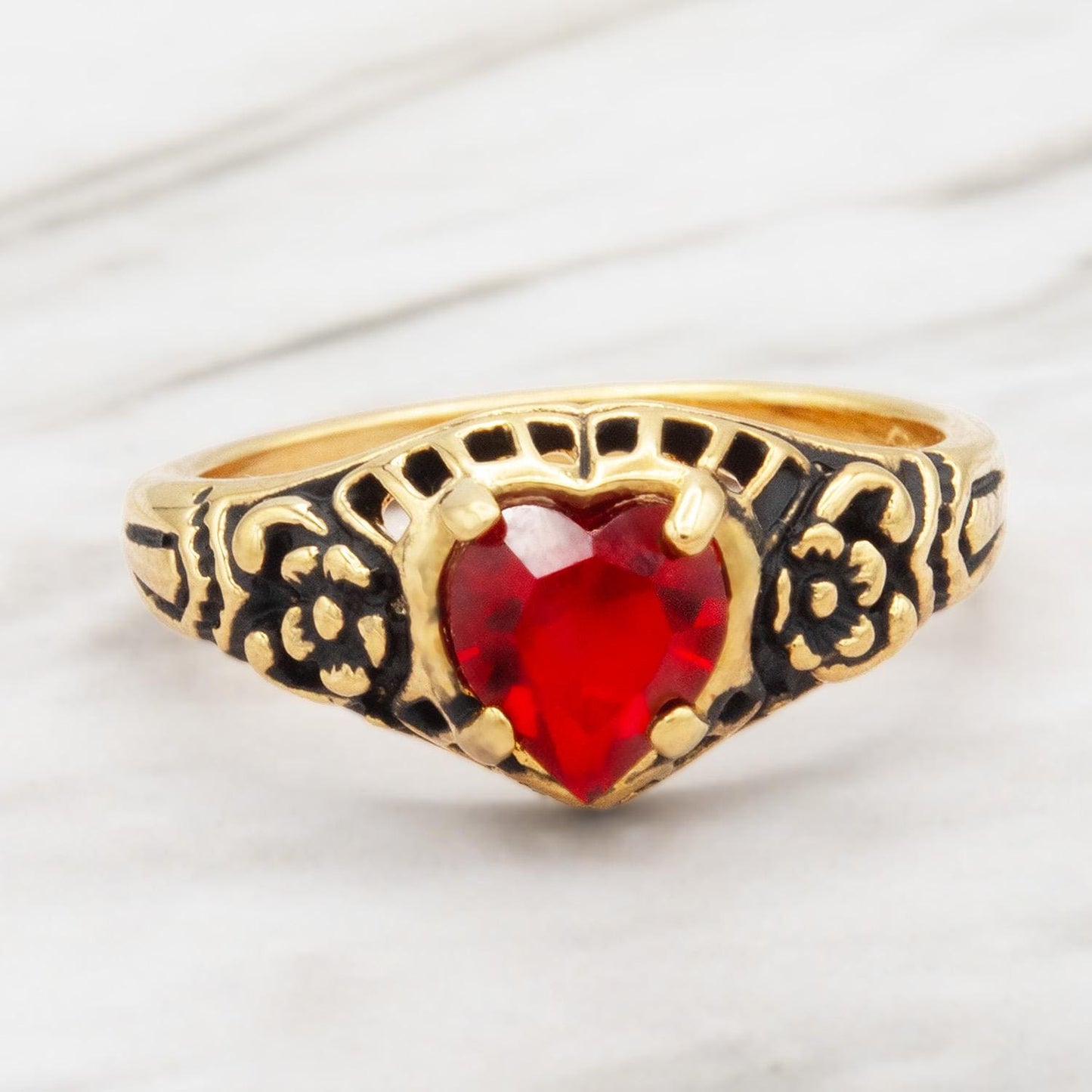 Vintage Ruby Red Austrian Crystal Heart Filigree Ring - 18k Gold Electroplated R1375 jewelry image 1