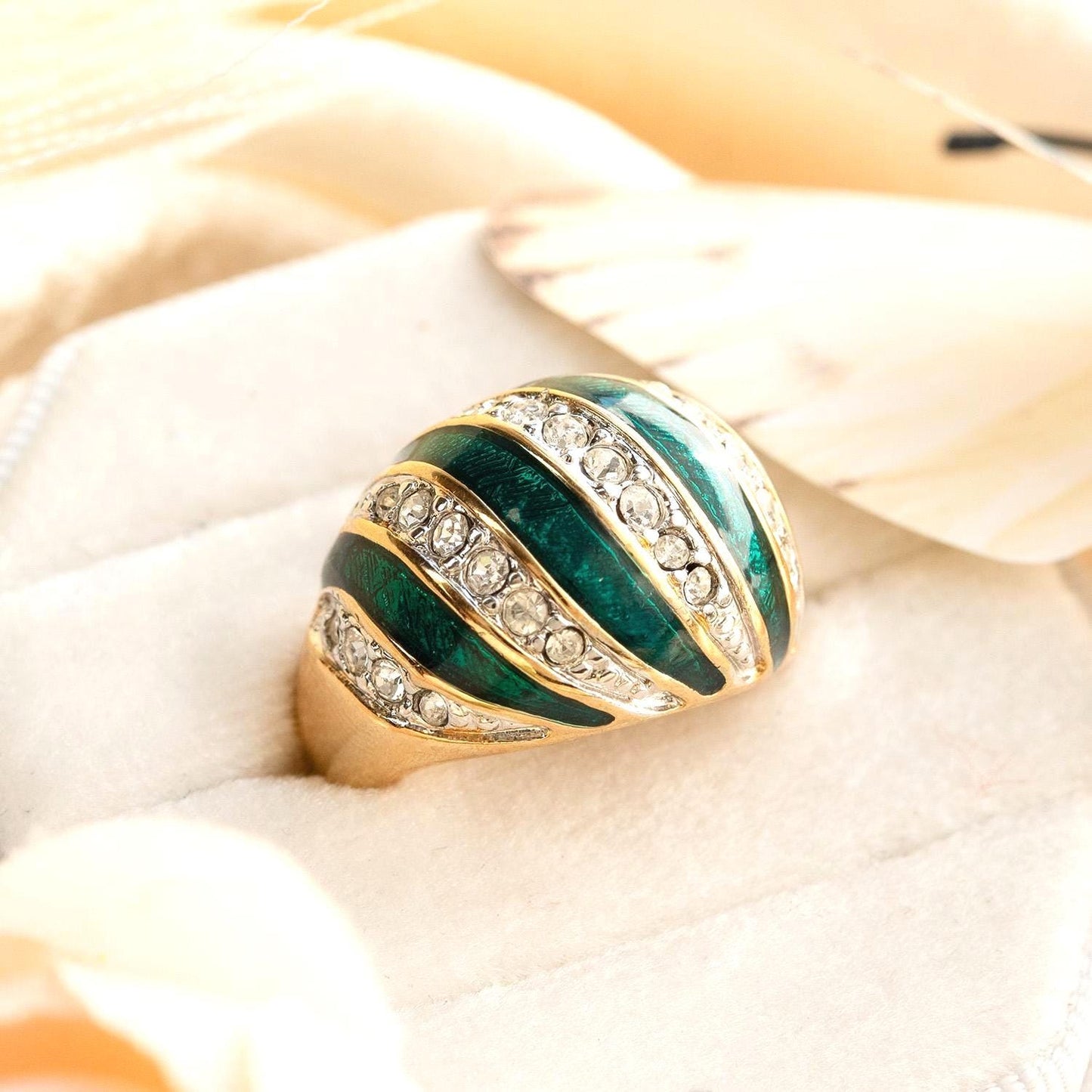 Vintage Hand Painted Emerald Green & Crystal Ring 18k Gold Electroplated Womens Dome Ring Statement Rings