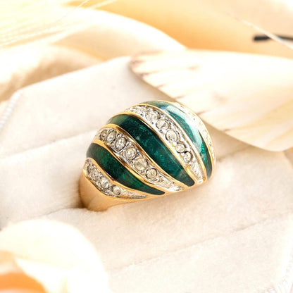 Vintage Hand Painted Emerald Green & Crystal Ring 18k Gold Electroplated Womens Dome Ring Statement Rings