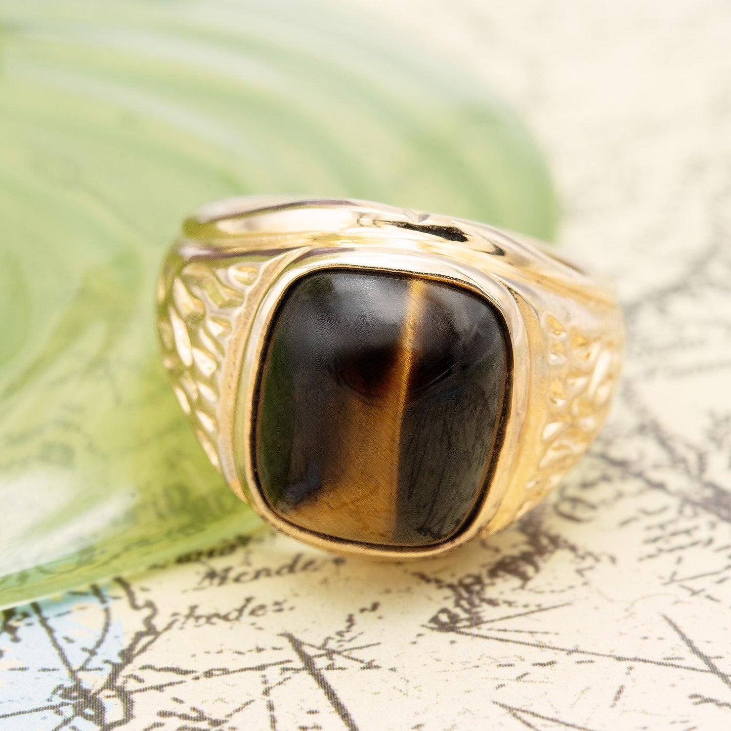 Vintage Ring 1980s Mens Genuine Tiger Eye 18kt Gold Electroplated Ring Unisex Jewelry Gift for Men Dad Husband Father's Day Gift Men's Rings