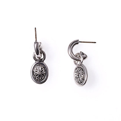 Vintage Oscar De La Renta Antiqued Silver Tone Small Hoops with Removable Dangling Oval Charm Earrings OSE-604-W