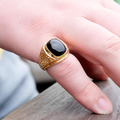 Vintage Ring 1980s Mens Black Onyx 18kt Gold Electroplated Ring Unisex Jewelry Gift for Men Dad Husband Father's Day Gift Men's Rings