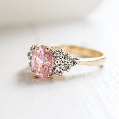 Vintage 1980's Pink Cubic Zirconia Ring with Clear Austrian Crystals 18k Yellow Gold Electroplated