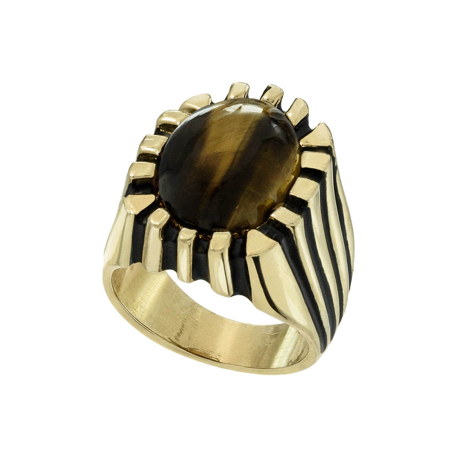 Vintage 1980s Mens Genuine Cabochon Tiger Eye 18kt Gold Plated Ring Made in USA