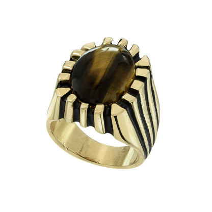 Vintage 1980s Mens Genuine Cabochon Tiger Eye 18kt Gold Plated Ring Made in USA