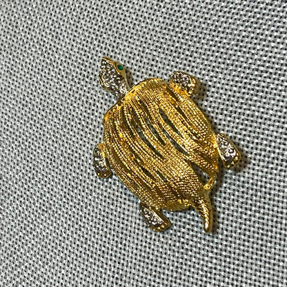 Hand Crafted Turtle Pin Clear Austrian Crystals and Emerald Crystal Eyes Antique Brooch for Women Gold Plated Gift for Women Lapel Pin