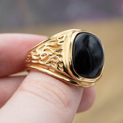Vintage Ring 1980s Mens Black Onyx 18kt Gold Electroplated Ring Unisex Jewelry Gift for Men Dad Husband Father's Day Gift Men's Rings