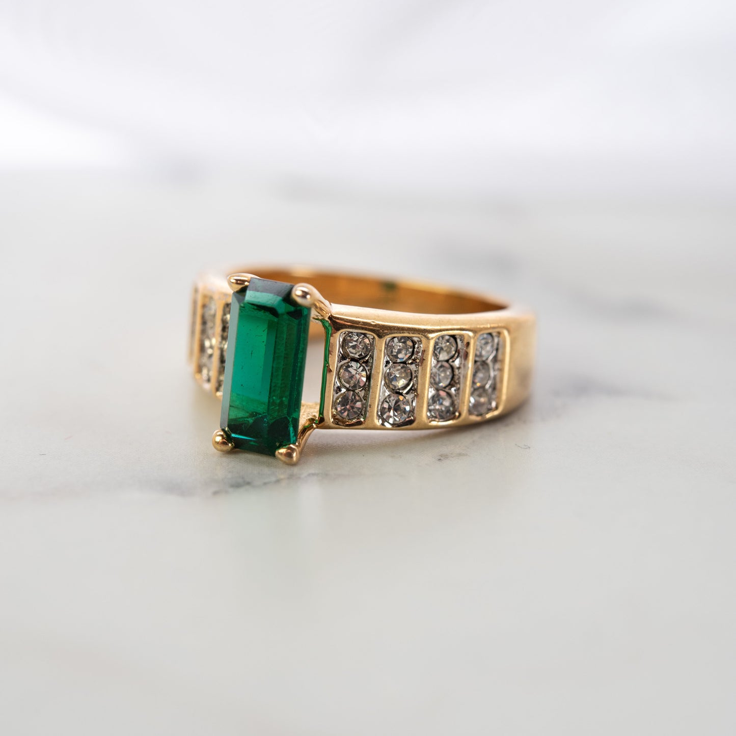 Women's Vintage Ring Emerald and Clear Crystals 18kt Gold Electroplate Women's Antique Ring May Birthstone