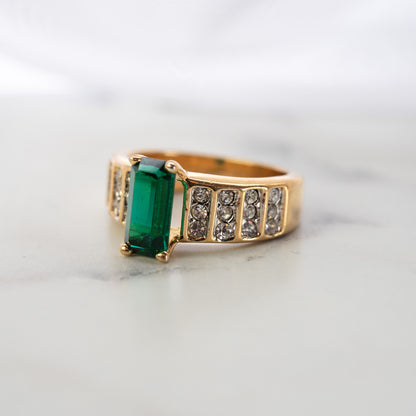 Women's Vintage Ring Emerald and Clear Crystals 18kt Gold Electroplate Women's Antique Ring May Birthstone