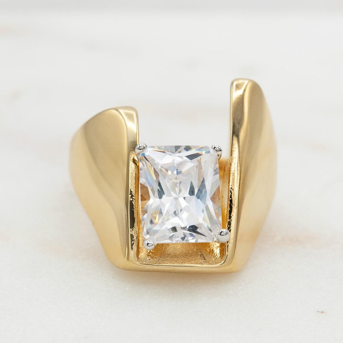 Vintage 18KT Gold Electroplated Cubic Zirconia Ring 4 CT Solitaire Emerald Cut Woments Statement Ring