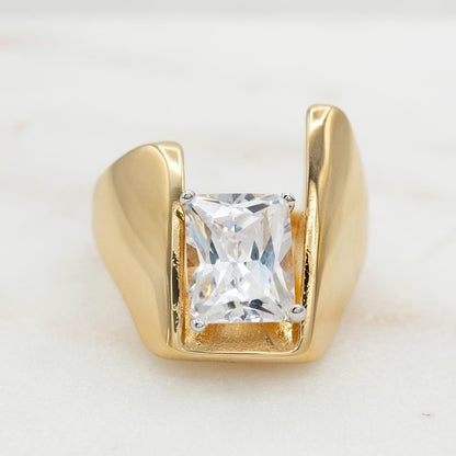 Vintage 18KT Gold Electroplated Cubic Zirconia Ring 4 CT Solitaire Emerald Cut Woments Statement Ring