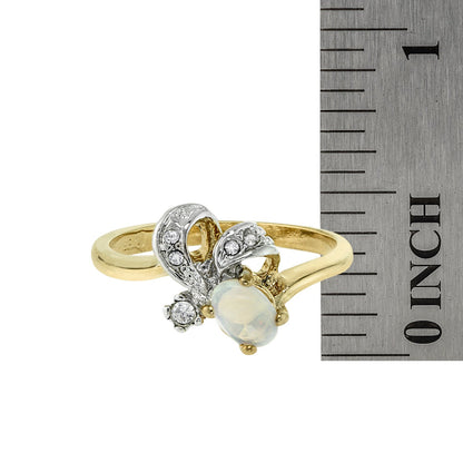 Vintage Genuine Jelly Opal and Clear Austrian Crystal Ring 18k Yellow Gold Electroplated Made in the USA