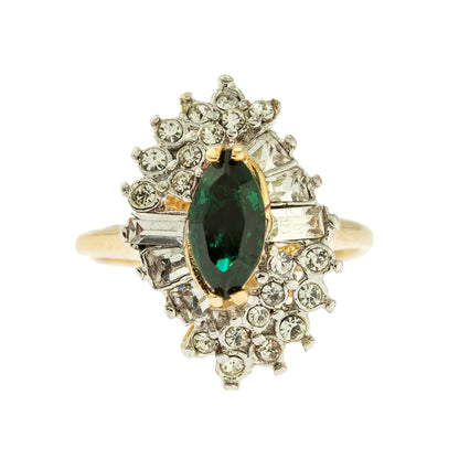 Women's Vintage 1970s Ring Emerald and Clear Austrian Crystals 18k Yellow Gold Electroplate Made in USA