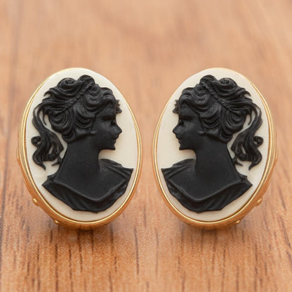 Women's Vintage Cameo Earrings Black on White Bead Gold Electroplated Setting 3/4" Oval