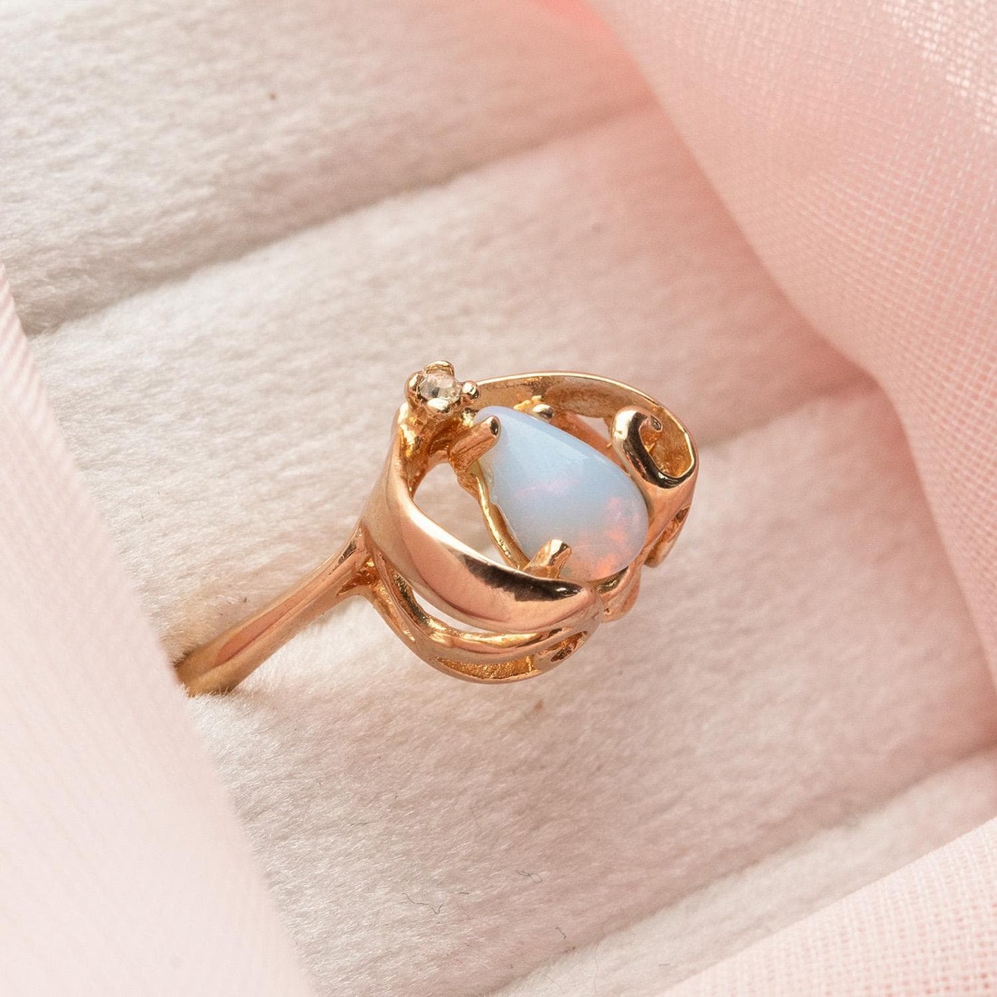 Vintage 18k Gold Electroplate Genuine Pinfire Opal Ring Austrian Crystal Heart Shape October Birthstone Ring for Women Dainty Girls Rings