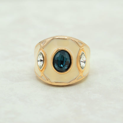 Vintage 1980s White Enamel set with Sapphire and Clear Crystals Band 18k Yellow Gold Electroplated