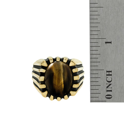 Vintage 1980s Mens Genuine Cabochon Tiger Eye 18kt Gold Plated Ring Made in USA