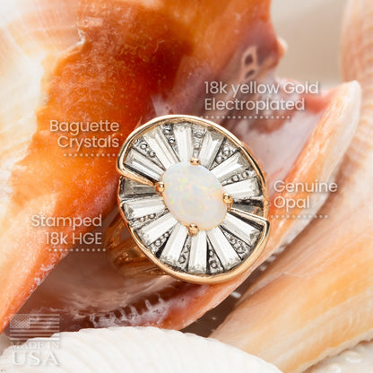 Vintage Ring Women's Genuine Opal Cocktail Ring with Baguette Clear Crystal Accents Made in the USA Gold Ring Statement Mothers Gift