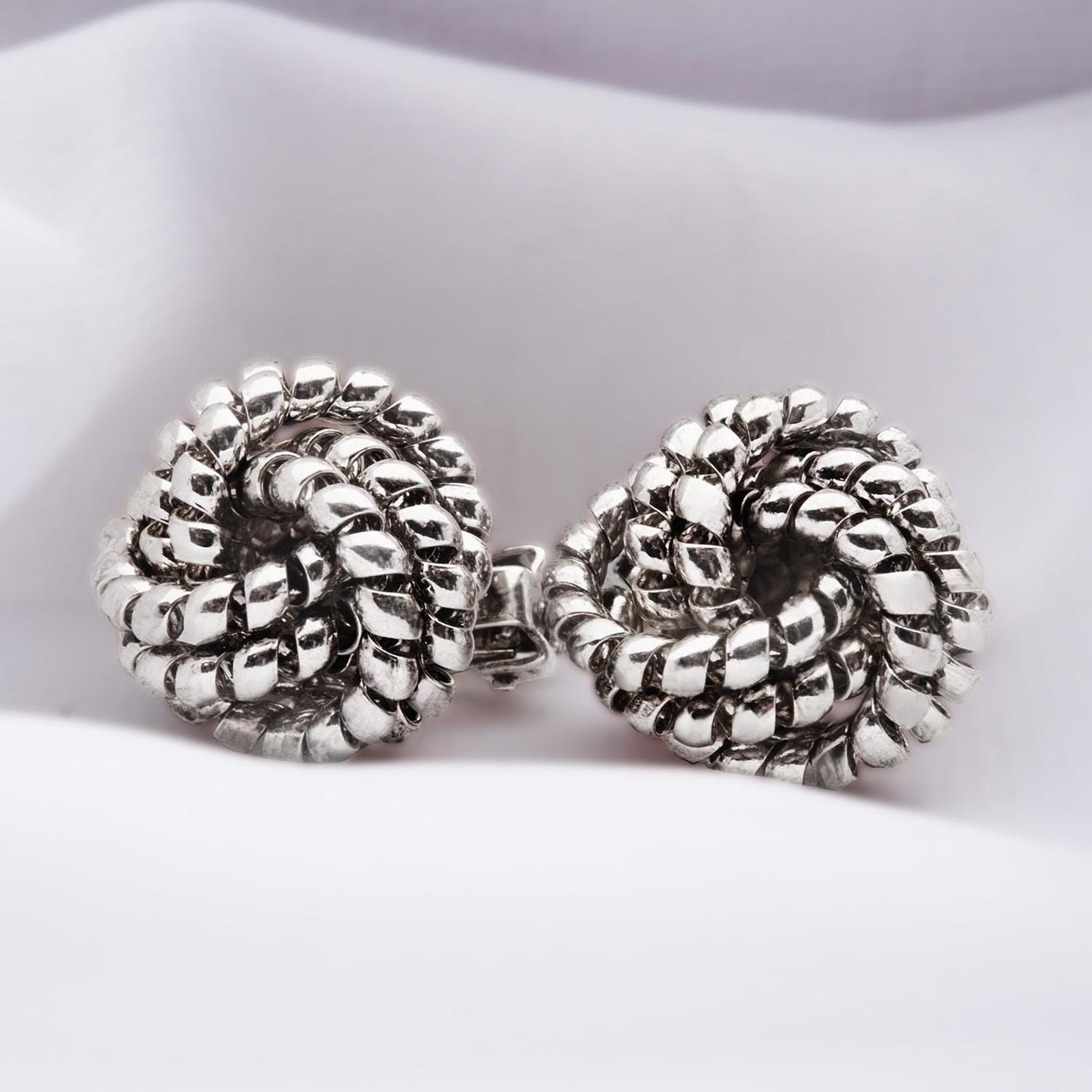 Vintage Oscar de la Renta Clip Earrings Silver Tone Swirl Dome Design