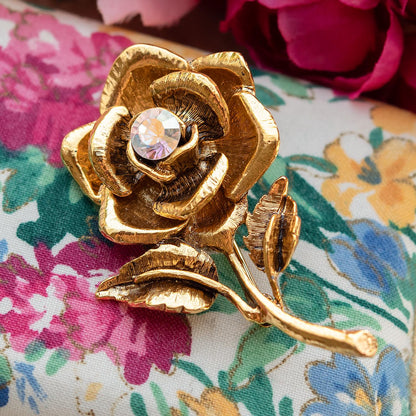 Vintage Oscar de la Renta Rose Brooch Yellow Gold Pin Luxury Designer Jewelry Womans Antique Estate Jewelry