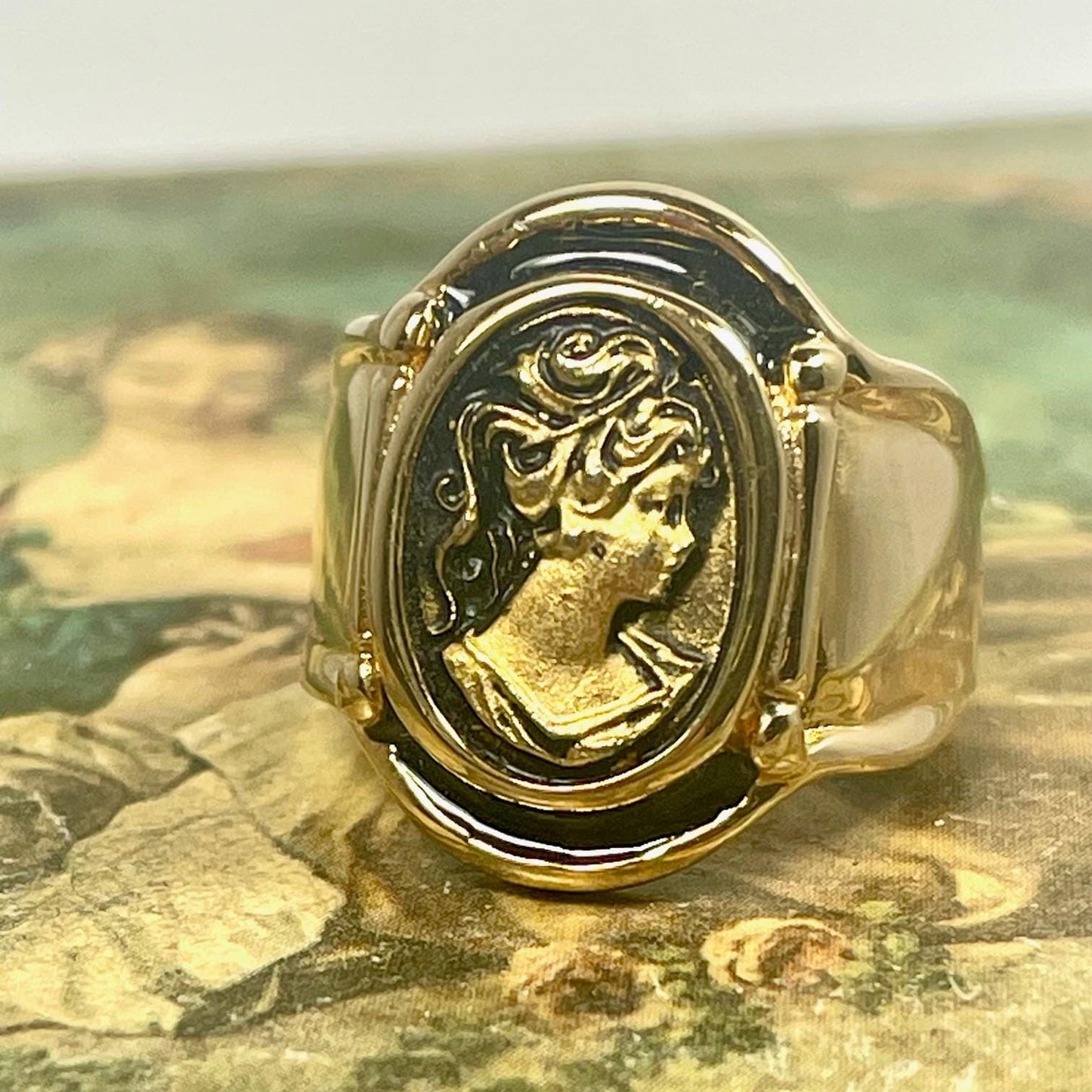 Vintage Womens Gold Cameo 18k Yellow Gold Electroplated Ring Hand Painted Epoxy Made in USA Victorian Rings Silhouette Cameo