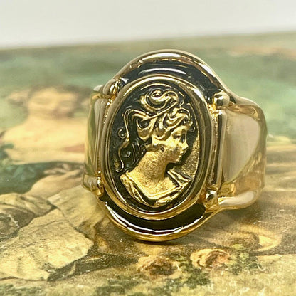 Vintage Womens Gold Cameo 18k Yellow Gold Electroplated Ring Hand Painted Epoxy Made in USA Victorian Rings Silhouette Cameo