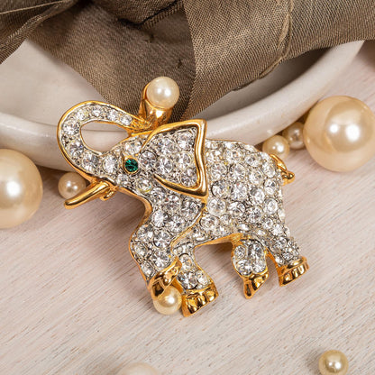 Women's Vintage Brooch Pin Elephant Clear Crystals & Emerald Eye Pearl Accent on Trunk Good Luck Only One Available