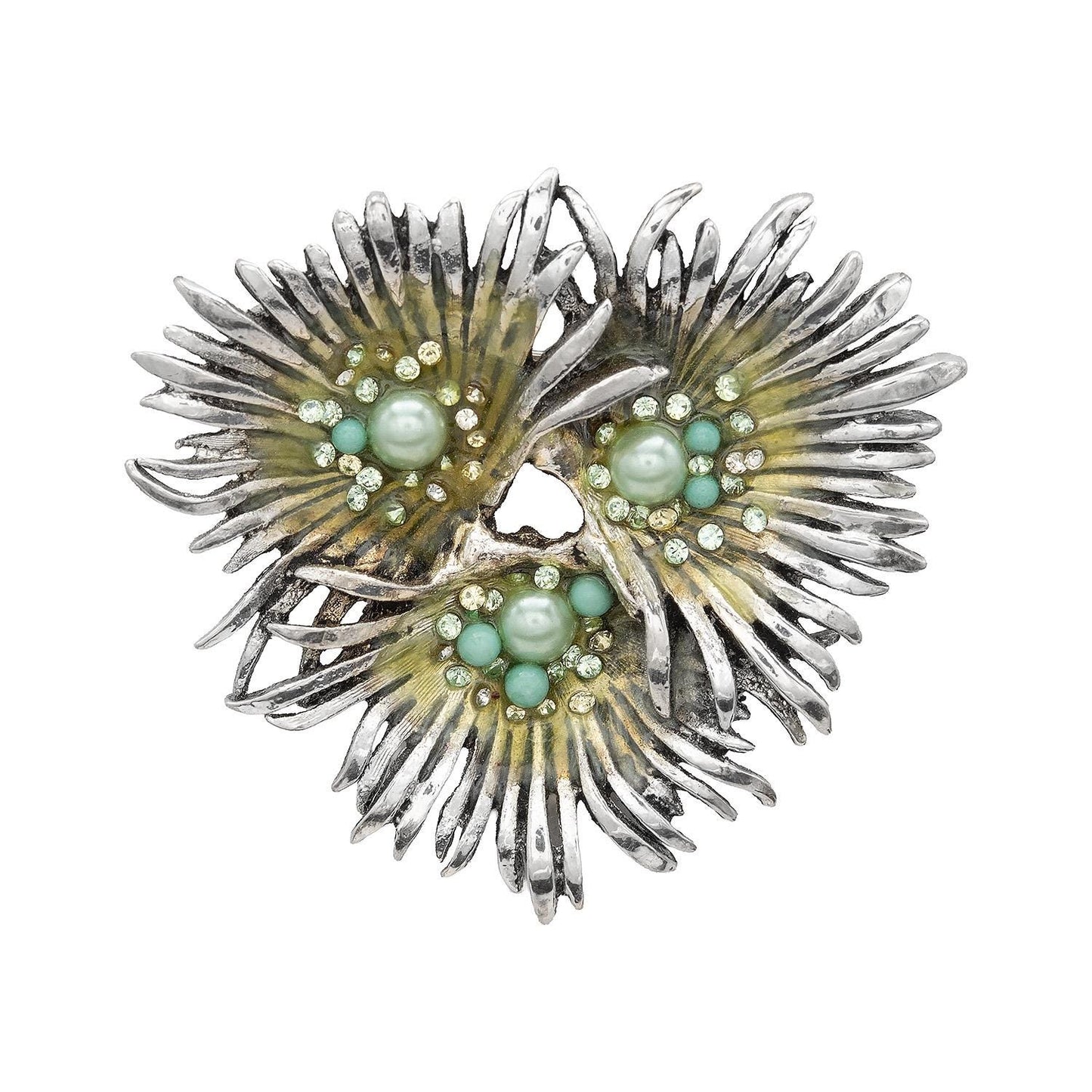 Vintage Oscar de la Renta Brooch White Gold Pin Luxury Designer Jewelry Glass Pearls & Austrian Crystals Womans Antique Estate Jewelry