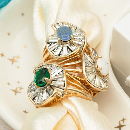 Vintage Ring Women's Genuine Opal Cocktail Ring with Baguette Clear Crystal Accents Made in the USA Gold Ring Statement Mothers Gift