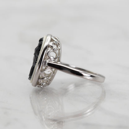 Vintage Black Silhouette on White Cameo Ring Antique 18k White Gold Silver Womans Handmade Jewelry Victorian Rings Limited Stock