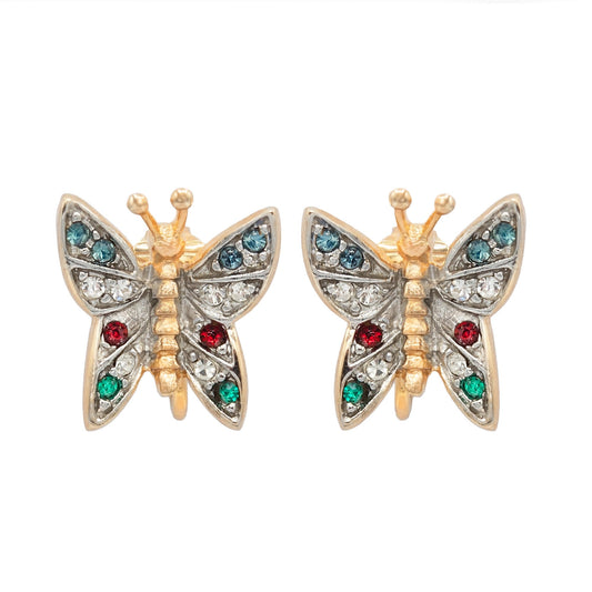 Vintage Multi-Color Austrian Crystal Butterfly Clip-On Earrings - Gold Plated jewelry image 1