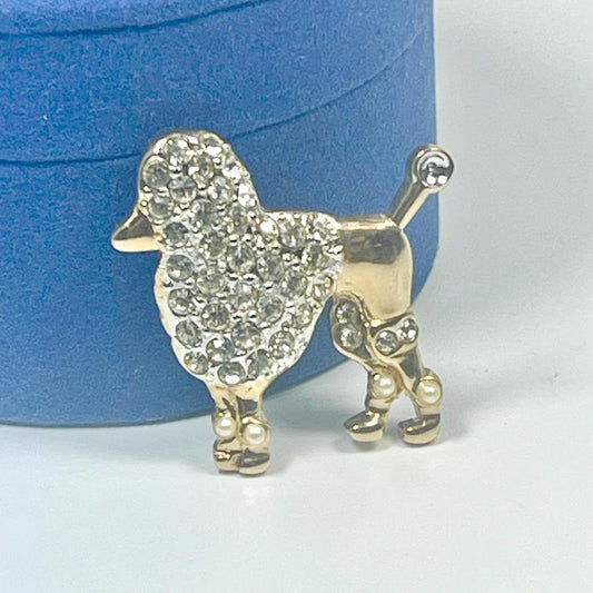 Vintage Fancy Poodle Brooch Pin Clear Swarovski Crystals 18k Gold Antique Jewelry for Woman Limited Stock Never Worn Women's Gold Lapel Pin