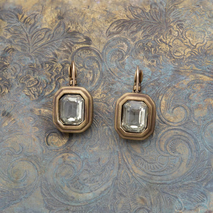 Vintage Oscar De La Renta Clear Light Peridot Crystal Antique Brushed Gold Lever Back Earrings #OSE-240