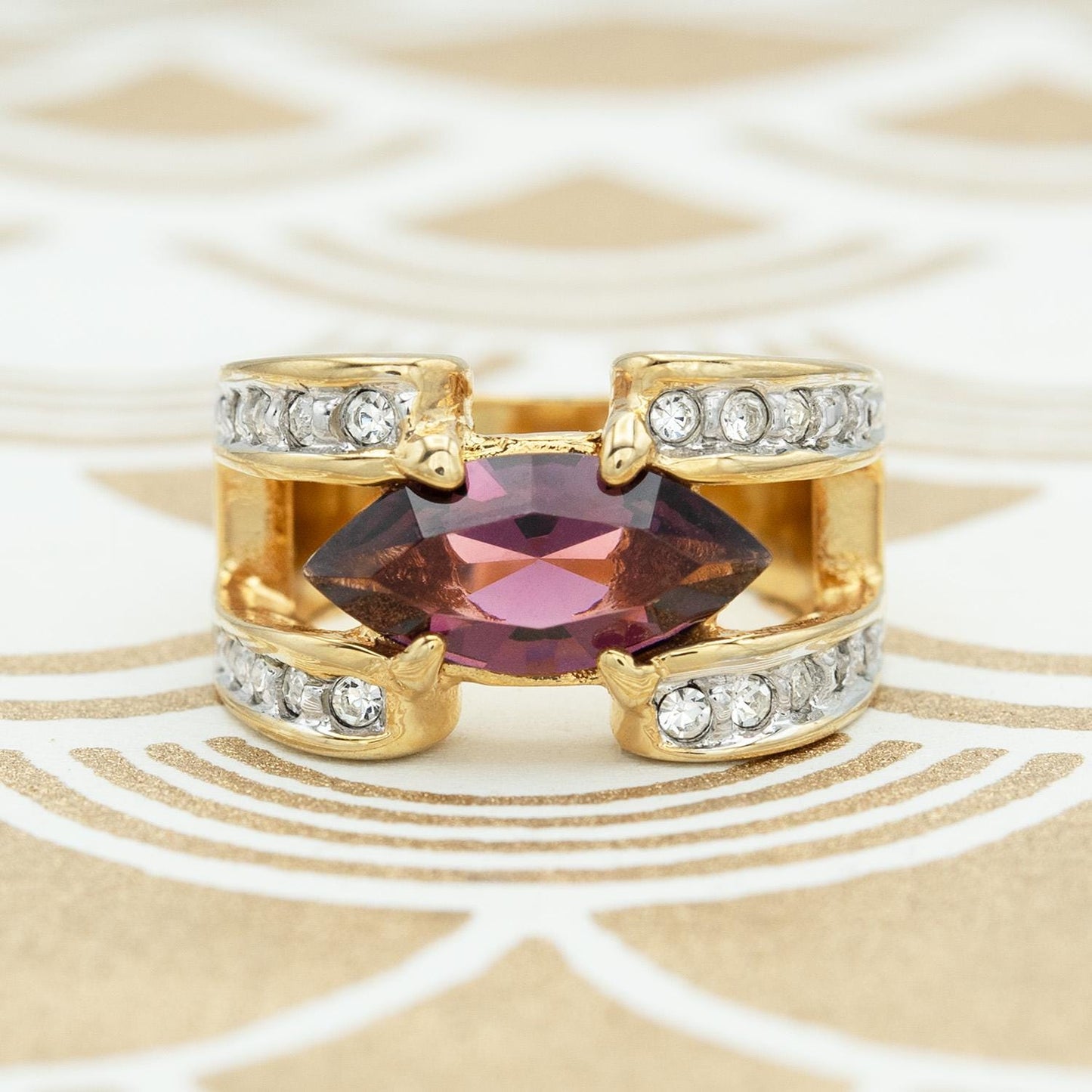 Vintage Marquise  Ring Cubic Zirconia 18k Gold Electroplated Handmade Antique Jewelry Rings Purple for Women February Birthstone