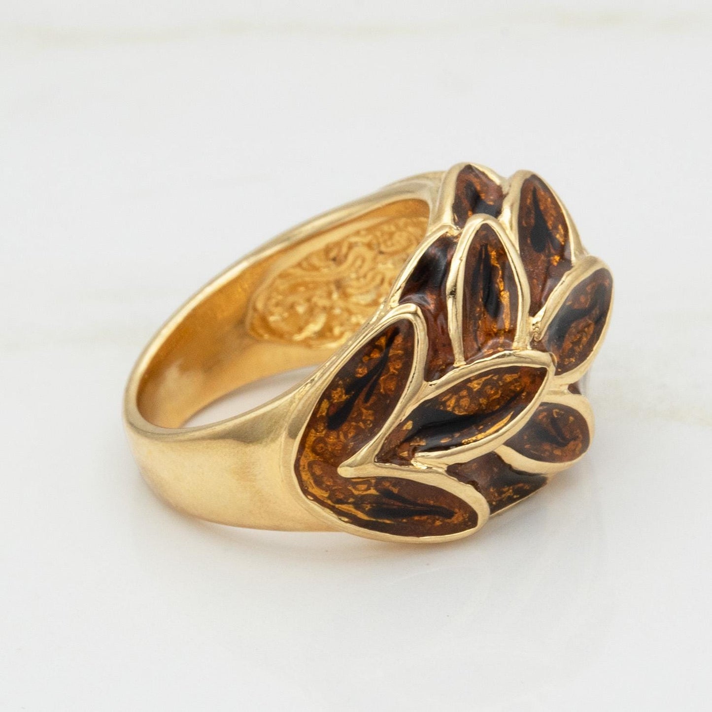 Vintage 1970s Women's Ring 18k Gold Electroplated Brown Enamel Leaf Motif Dome Ring Hand Made in USA