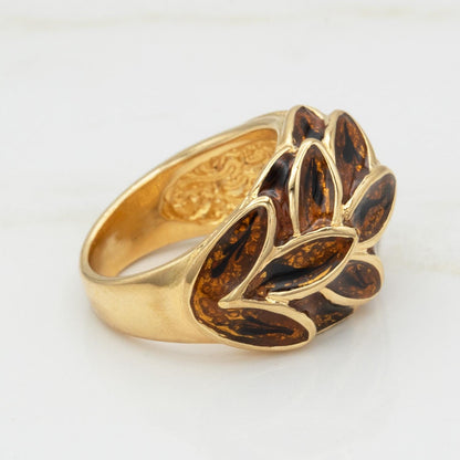 Vintage 1970s Women's Ring 18k Gold Electroplated Brown Enamel Leaf Motif Dome Ring Hand Made in USA
