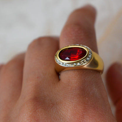 Vintage Ring Ruby Clear Austrian Crystals 18k Gold Polished Finish Womans Antique Rings For Women