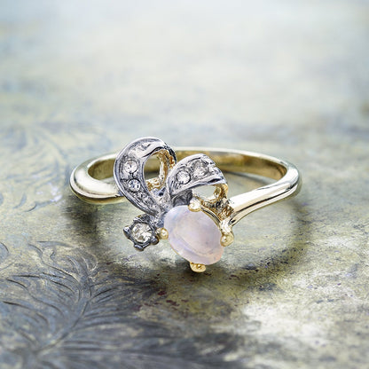 Vintage Genuine Jelly Opal and Clear Austrian Crystal Ring 18k Yellow Gold Electroplated Made in the USA