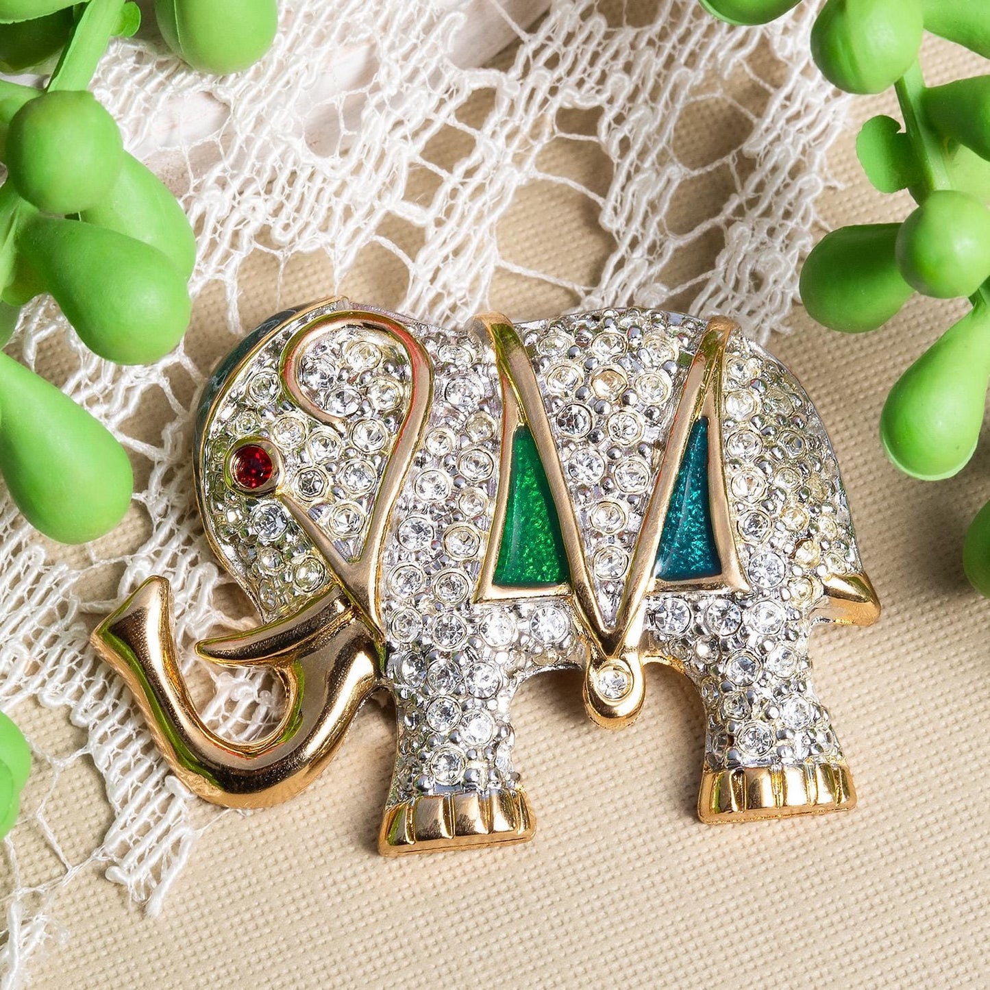 Vintage Brooch Pin Elephant Clear Crystals & Ruby Eye Hand Painted Green Good Luck