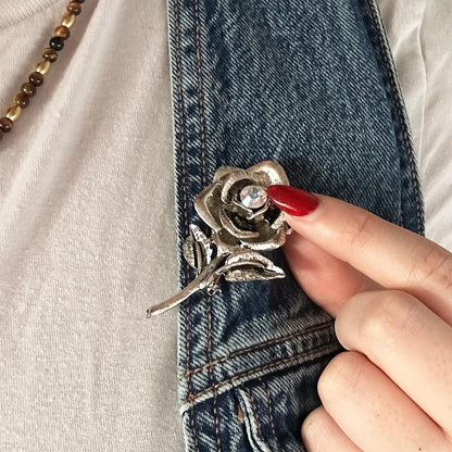 Vintage Oscar de la Renta Rose Brooch White Gold Pin Luxury Designer Jewelry Womans Antique Estate Jewelry