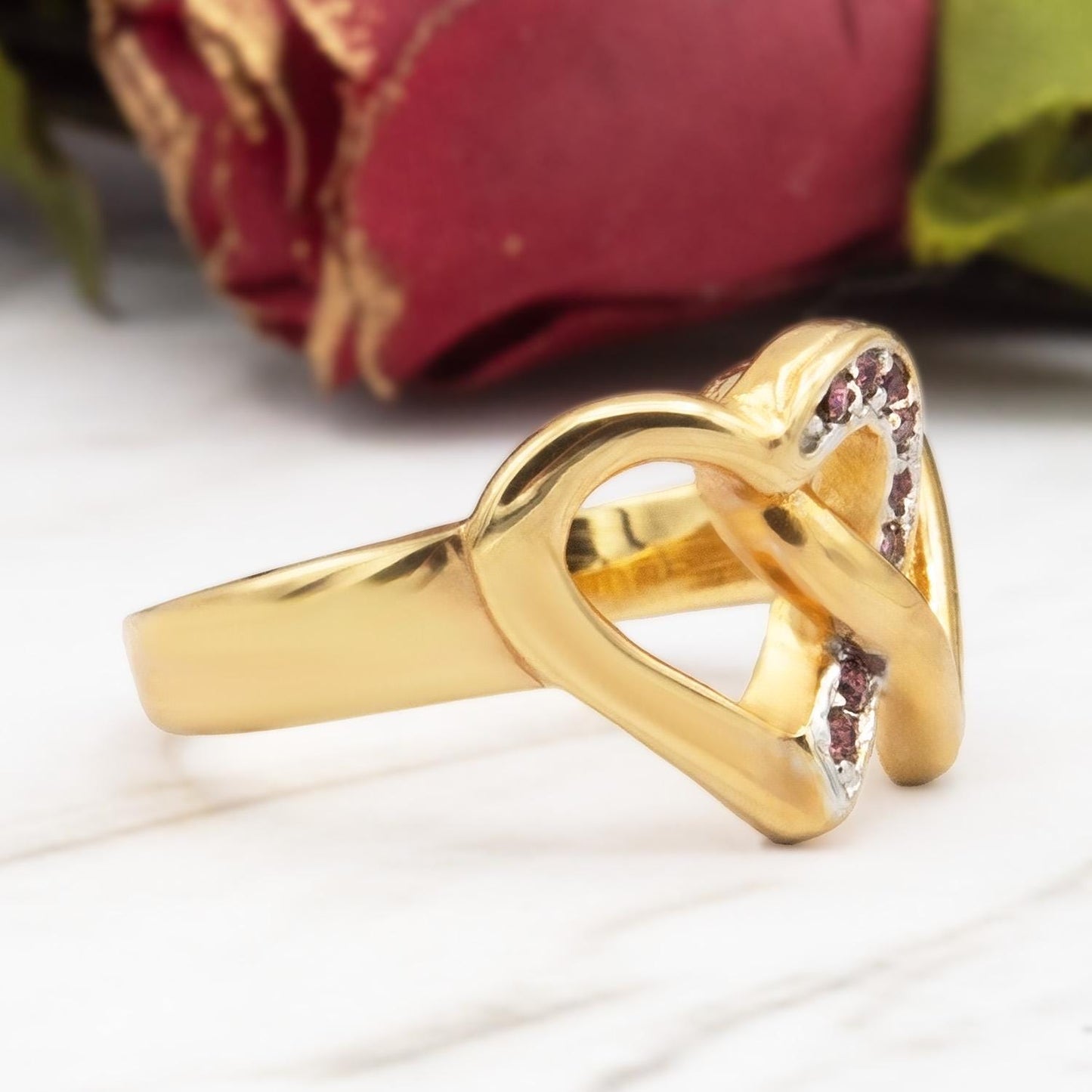 Women's Vintage Ring Amethyst Austrian Crystal Double Heart Ring 18k Gold Electroplated