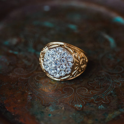 Vintage Men's 18K Yellow Gold Electroplated Ring Clear Austrian Crystals Unisex Made in USA