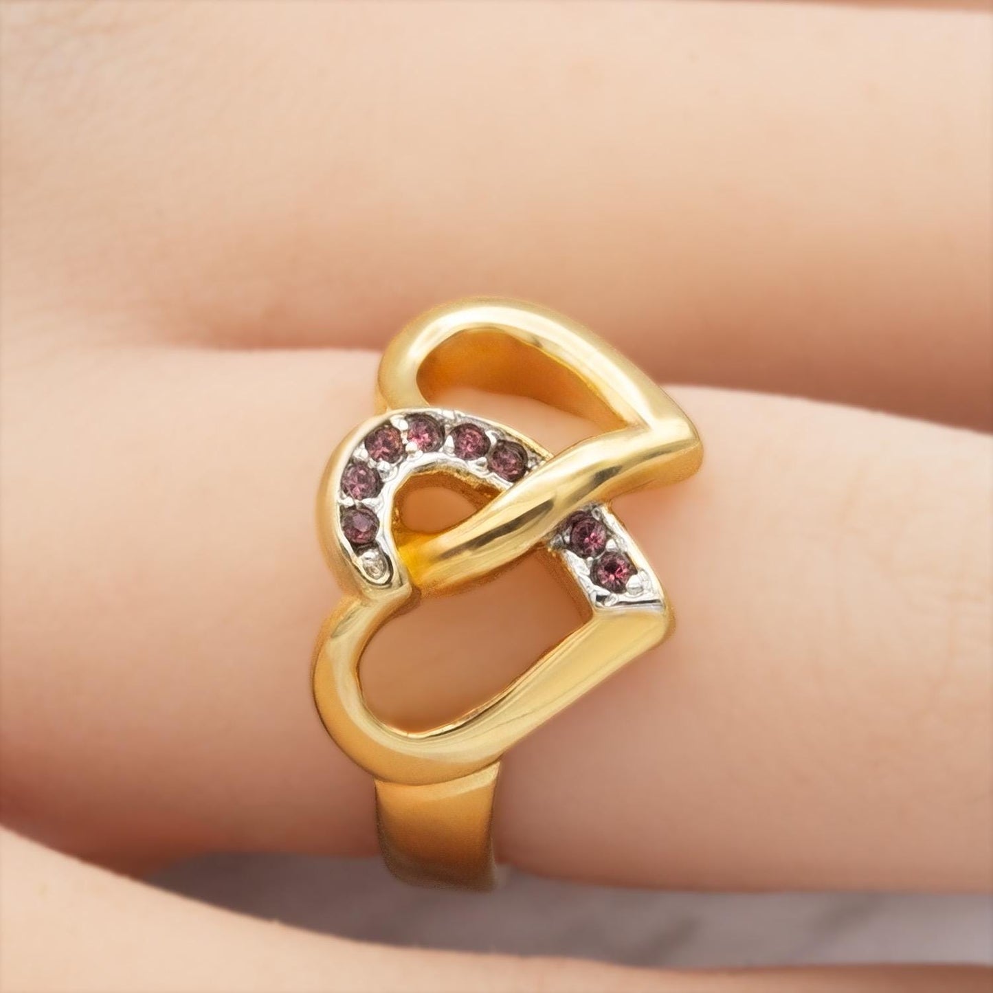 Women's Vintage Ring Amethyst Austrian Crystal Double Heart Ring 18k Gold Electroplated